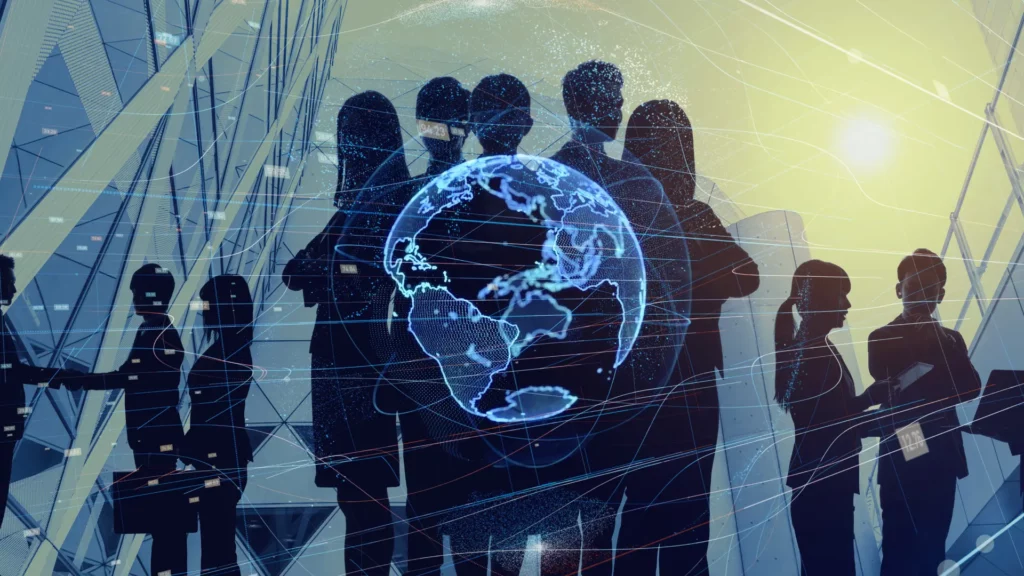 Image montrant un groupe de personnes. Un globe symbolise l'échange et les partenariats de ses personnes à travers le monde.
